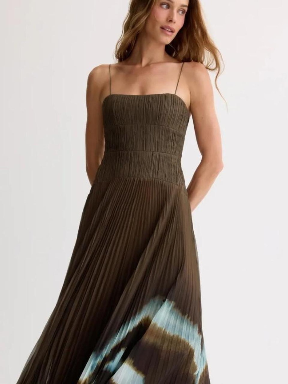AMUR Olive Maxi Dress with Blue Hem Accent